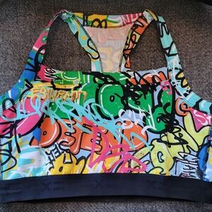 TomboyX Multicolor Graffiti Print Sports Bra with Black Band